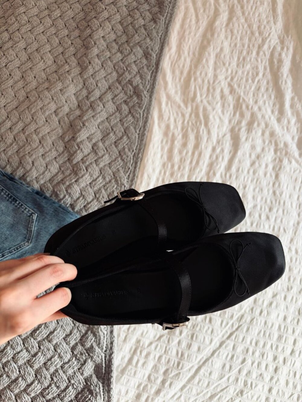 flats ballerinas black satin square-toe ballet flats with a bow and buckle strap